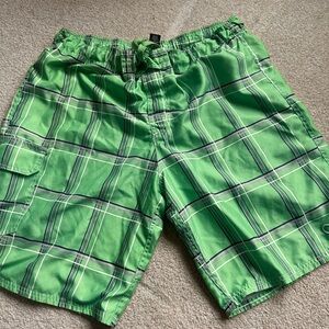 OP Men’s Swim Trunks Size Large Green Plaid Quick-Dry Board Shorts